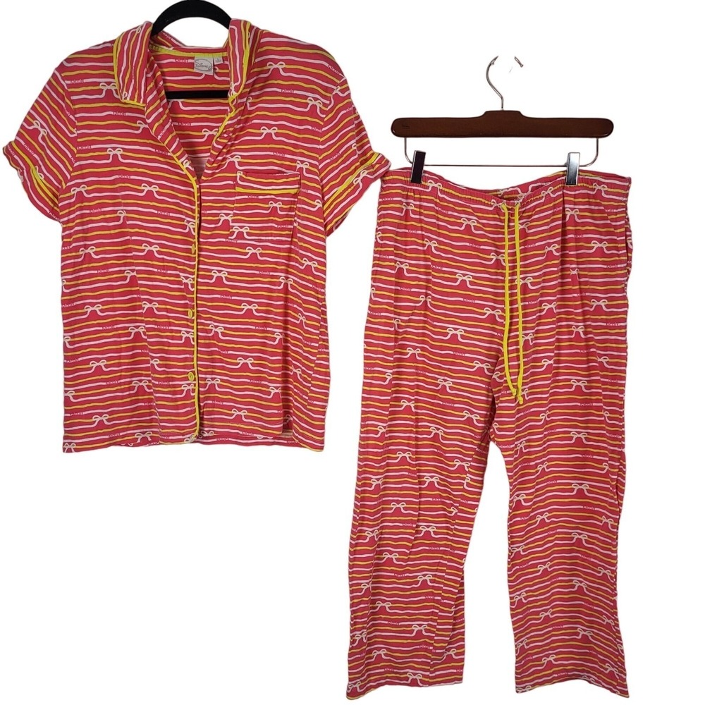 Disney Minnie‎ Mouse Pajama Set L Womens Pink Yellow White Striped Button Front